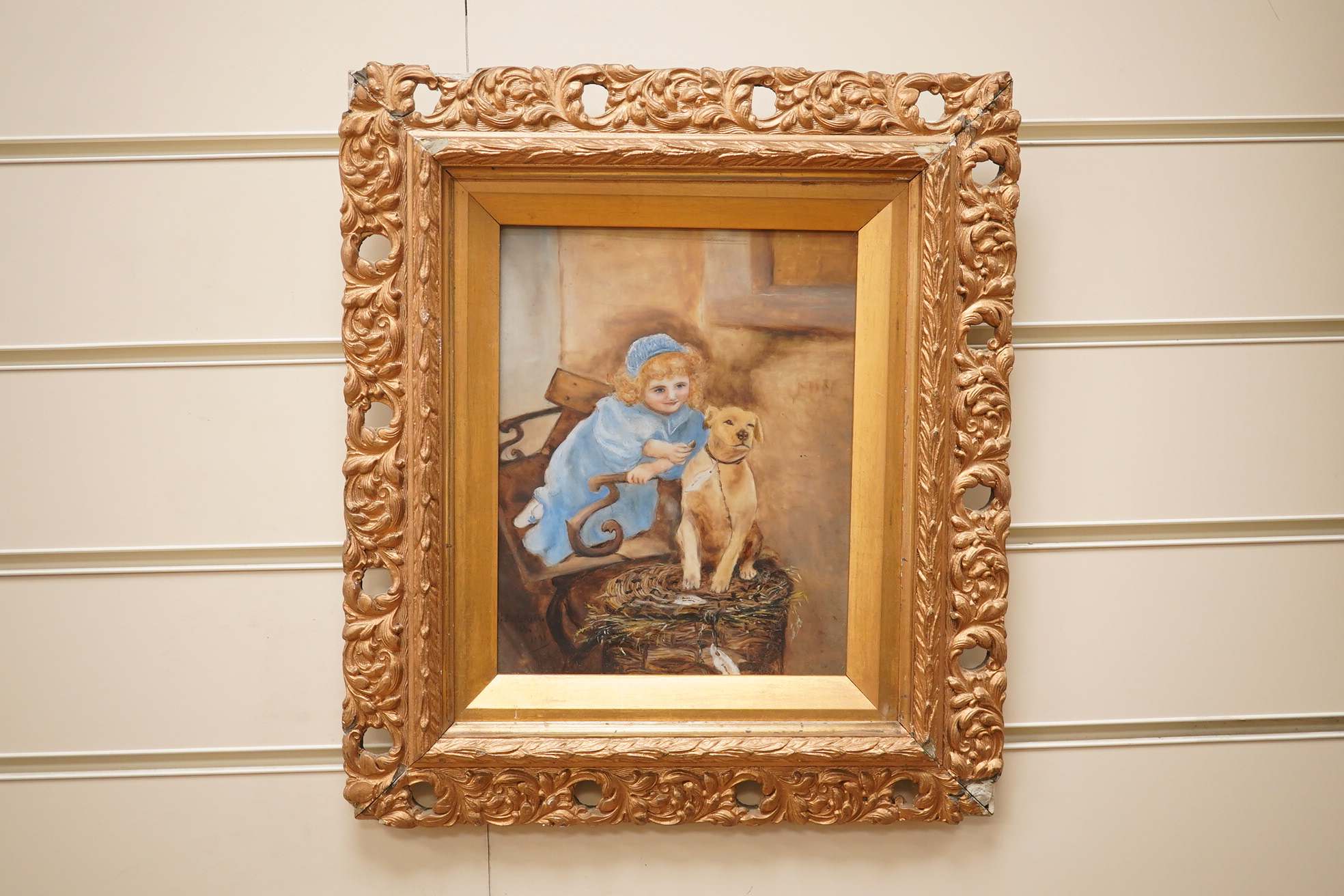 G. Sutherland, oil on ceramic panel, Study of a young girl and dog, signed and dated 1898, 21 x 17cm, ornately gilt framed. Condition - good